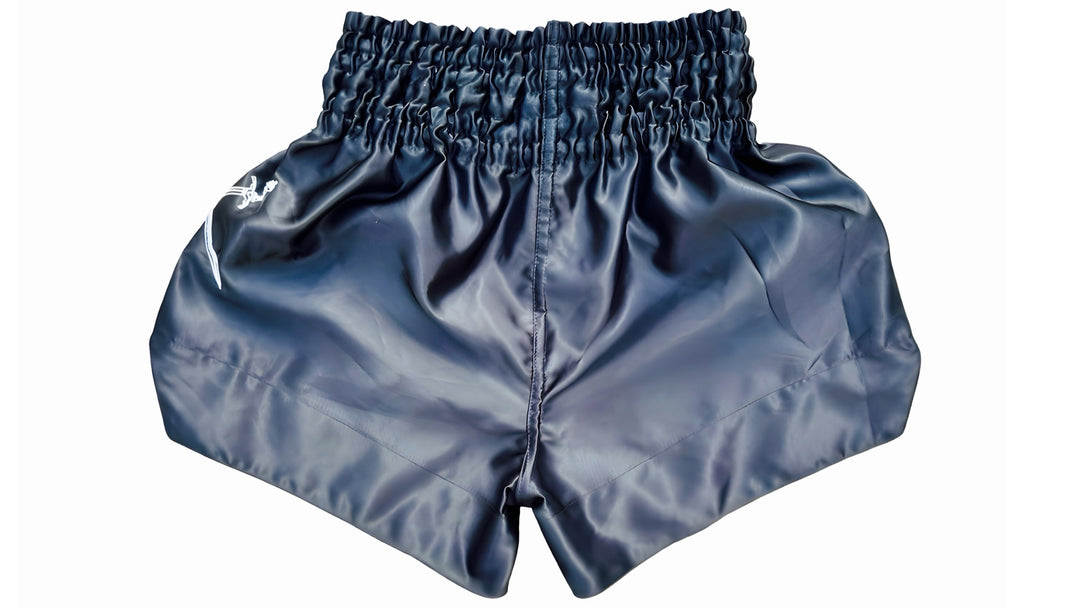 Blue satin shorts on a white background Blue boxing shorts with Warrior Style and Gladiator logos on a white background a product of https://www.shopwarriorstyle.com/
