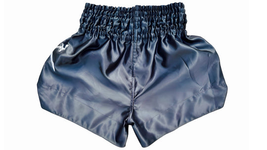 Blue satin shorts on a white background Blue boxing shorts with Warrior Style and Gladiator logos on a white background a product of https://www.shopwarriorstyle.com/
