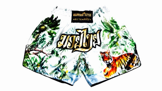 muay thai shorts Shorts with a tiger design and 'Warrior Style' branding on a white  muay thai shorts for men muay thai shorts twins a product of https://www.shopwarriorstyle.com/
background