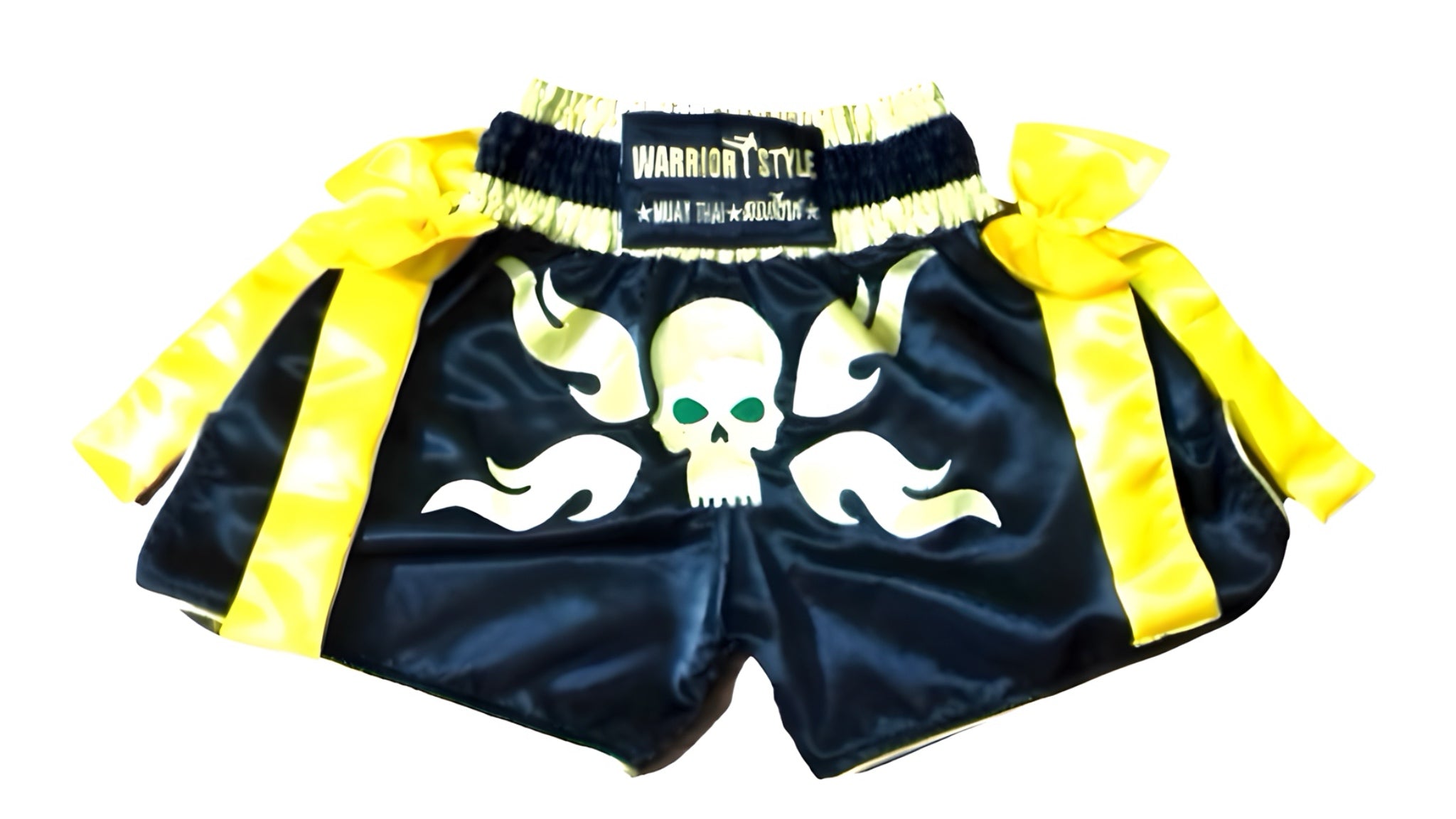 Muay Thai Shorts Black boxing shorts with yellow accents and a skull design on a white background muay thai shorts for men muay thai shorts twins  a product of https://www.shopwarriorstyle.com/
