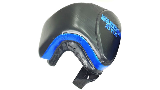 Thigh Pads muay thai elbow pads kick pads karate thai shin pads kick pads wrestling A pair of black leather thigh pads with blue accents, featuring foam padding and a locking nylon waist strap a product of https://www.shopwarriorstyle.com/