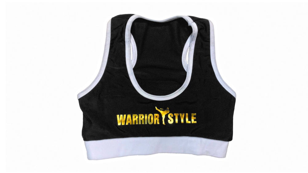 A black and White sports bra with a racerback design and the logo 'WARRIOR STYLE' on the front  a product of https://www.shopwarriorstyle.com/