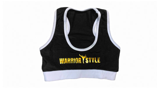 A black and White sports bra with a racerback design and the logo 'WARRIOR STYLE' on the front  a product of https://www.shopwarriorstyle.com/