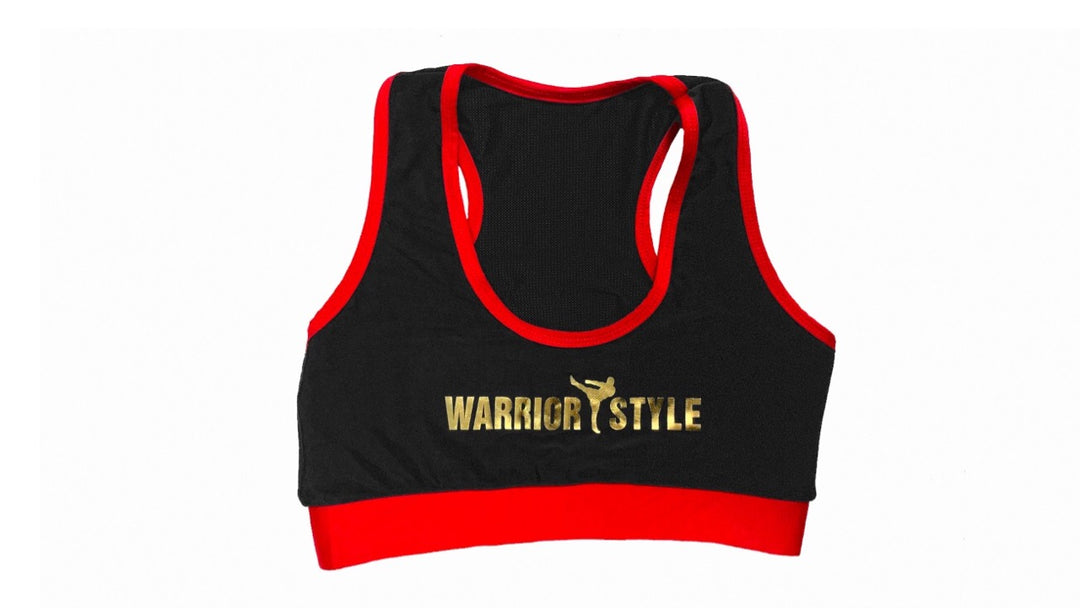 A black and red sports bra with a racerback design and the logo 'WARRIOR STYLE' on the front  a product of https://www.shopwarriorstyle.com/