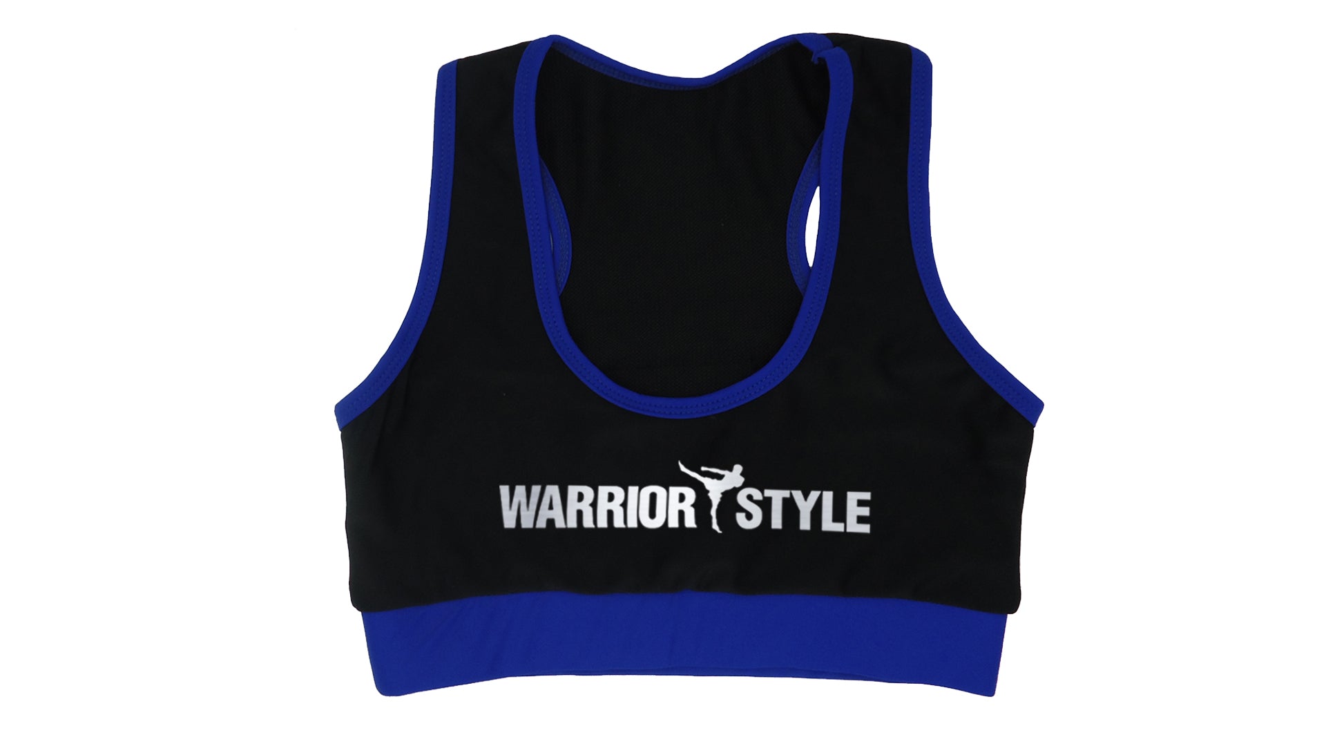 A black and blue sports bra with a racerback design and the logo 'WARRIOR STYLE' on the front  a product of https://www.shopwarriorstyle.com/