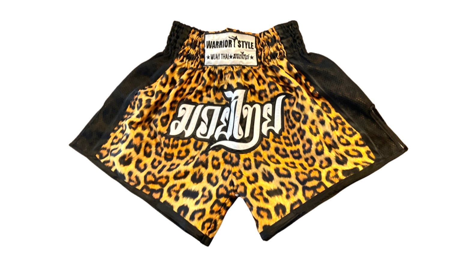 Muay Thai shorts with a leopard print design and the text 'MUAY THAI' on them  muay thai shorts for men muay thai shorts twins venum muay thai shorts a product of https://www.shopwarriorstyle.com/
